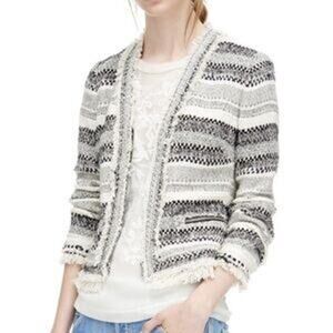 Rebecca Taylor Size 6 Fringe Tweed Jacket Black Gray White Bouclé Blazer cotton